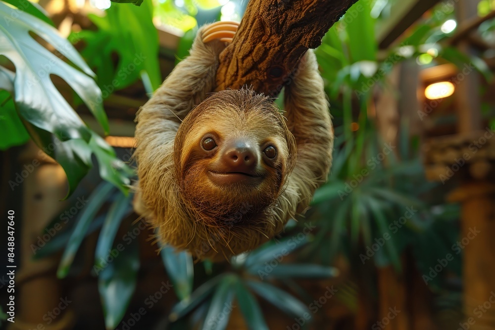 Obraz premium A baby sloth hanging upside down from a tree branch, with a slow and content expression. The background shows a tropical rainforest