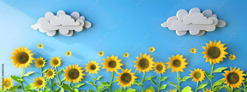 Sunflower Field Under Peaceful Blue Sky in Minimalist Paper Cut Style Sunflower Field Under Peaceful Blue Sky in Minimalist Paper Cut Style
