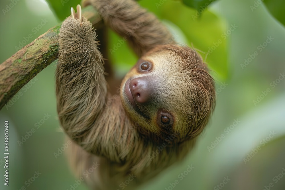 A baby sloth hanging upside down from a tree branch, with a slow and content expression. The background shows a tropical rainforest A baby sloth hanging upside down from a tree branch, with a slow and content expression. The background shows a tropical rainforest