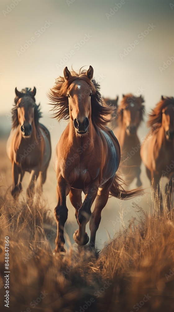 Obraz premium Herd of Free Roaming Horses Galloping Across Grassy Plain