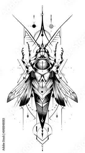 A black and white drawing of a bug with a cross on its head. The bug is surrounded by a pattern of lines and shapes. The image has a mysterious and intriguing mood