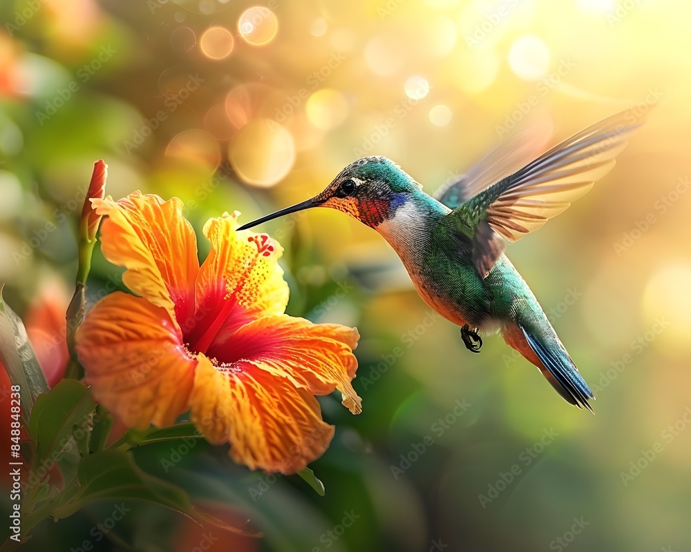 Fototapeta premium Captivating Hummingbird Hovering near Vibrant Tropical Flower with Blurred Wings
