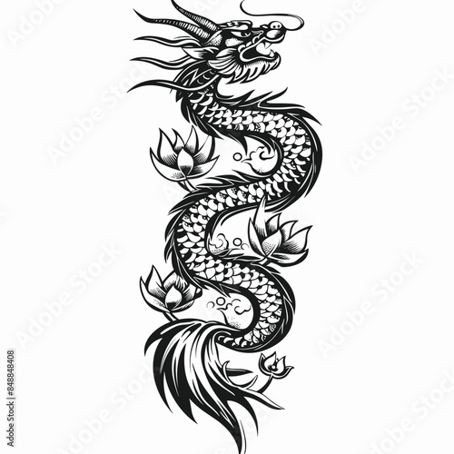 A black and white drawing of a dragon with flowers on it. The dragon is long and has a menacing look