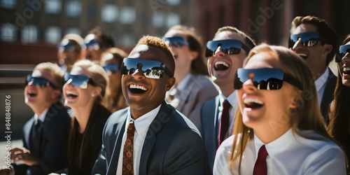 A diverse group wearing special glasses watches a solar eclipse and shares a unique moment with laughter. Concept Solar Eclipse Watching, Special Glasses, Diverse Group, Laughter, Unique Moment photo