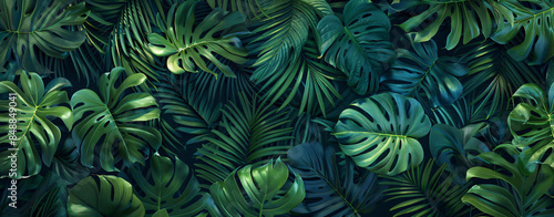Green leaves of tropical plants and ferns, abstract nature background. Flat lay style with large monstera leaves and foliage in dark green colors.