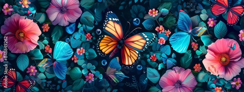 Seamless pattern of colorful butterflies fluttering among blooming flowers photo