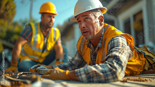 A construction worker receives first aid after a fall, surrounded by realistic building materials, tools, and caring colleagues.generative ai photo