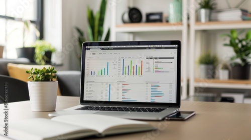 Wallpaper Mural Modern Workspace with Laptop Showing Project Timeline and Gantt Chart on Minimalistic Desk Background Torontodigital.ca