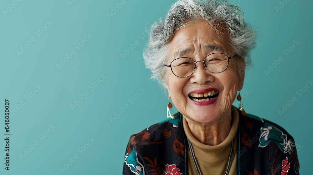 Elderly Asian woman laughing heartily in a modern Elderly Asian woman laughing heartily in a modern