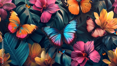 Wallpaper Mural Seamless pattern of colorful butterflies fluttering among blooming flowers Torontodigital.ca