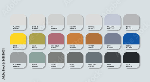 Metal Color Palette, Metal Color Guide Palette with Color Names. Catalog Samples of Metal Colour with RGB HEX codes and Names. Metal and iron Colors Palette Vector, Fashion Trend Grey Color Palette