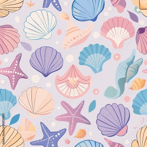 Seamless pattern of pastel-colored seashells and starfish arranged in a repeating motif, capturing the essence of lazy days spent by the ocean, Generative AI