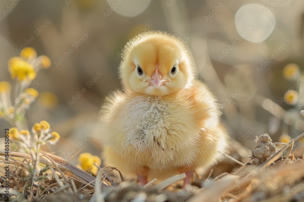 Baby Chick: A fluffy, yellow chick, pecking at the ground in a farmyard. Baby Chick: A fluffy, yellow chick, pecking at the ground in a farmyard.