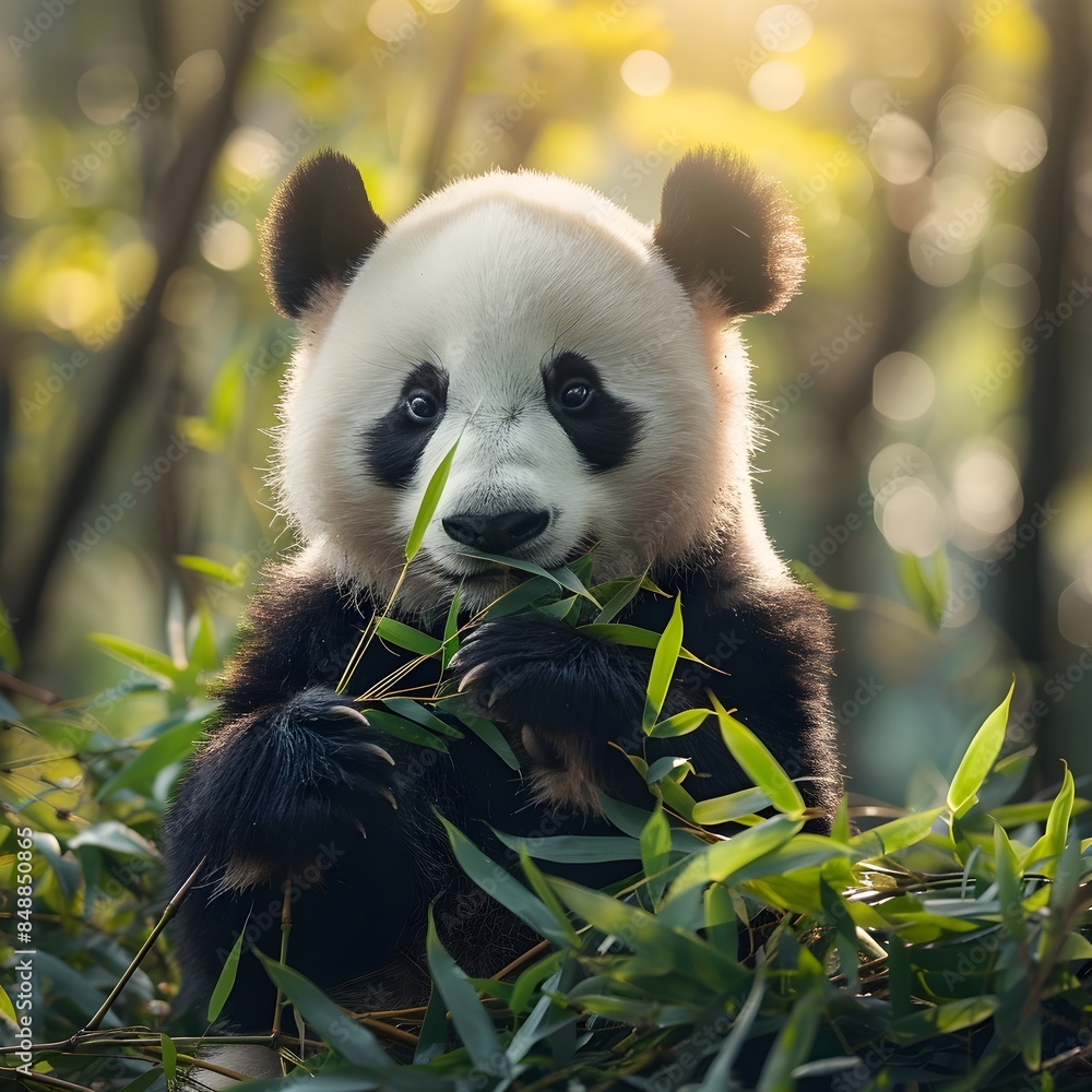 Fototapeta premium Adorable Panda Bear Playing with Bamboo in Lush Green Surroundings