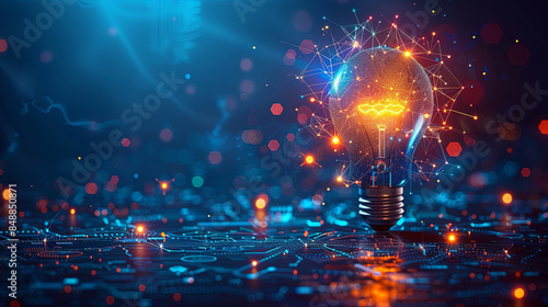 Abstract Light Bulb with Graduation Hat and Digital Connections on Dark Blue Background, Symbolizing Education and Innovation in Technology Industry, High-Resolution Vector Illustration with Sharp Det photo