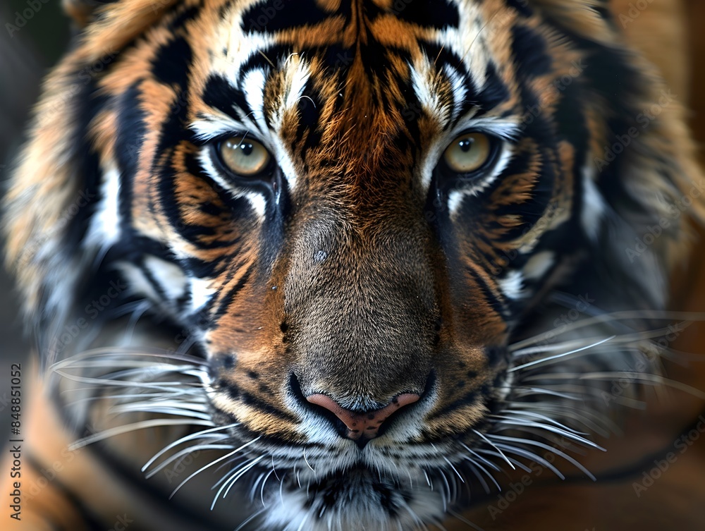 Fototapeta premium Close Up Portrait of a Powerful and Majestic Tiger Gazing Intently