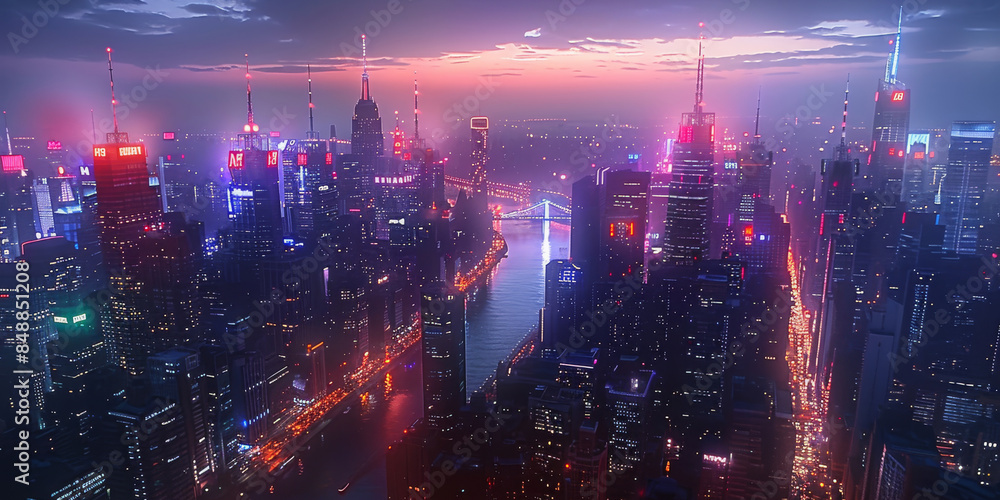 Nightfall over a bustling city with skyscrapers lit up in neon lights. Aerial high view. Generative AI. Nightfall over a bustling city with skyscrapers lit up in neon lights. Aerial high view. Generative AI.