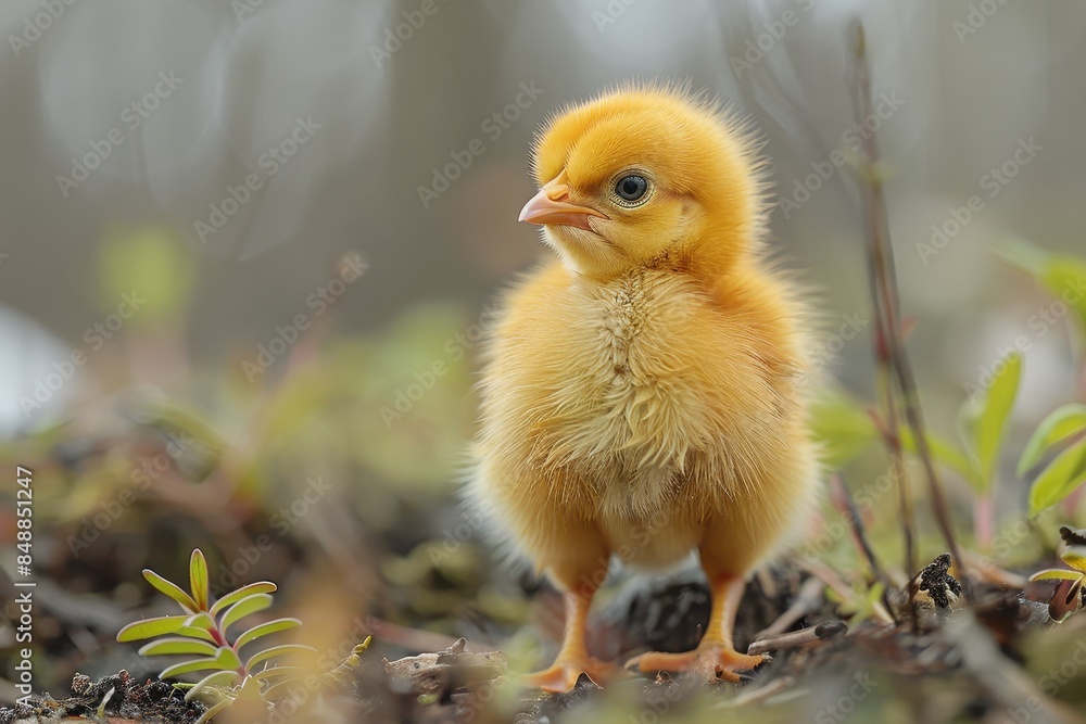 Baby Chick: A fluffy, yellow chick, pecking at the ground in a farmyard. 