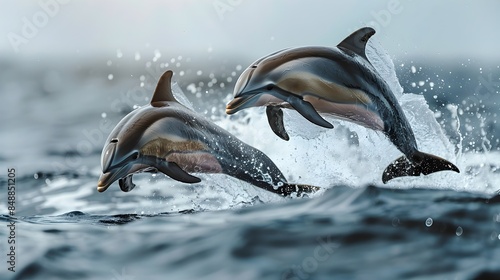 Synchronized Dolphin Leap in Joyful Ocean Backdrop © Thares2020