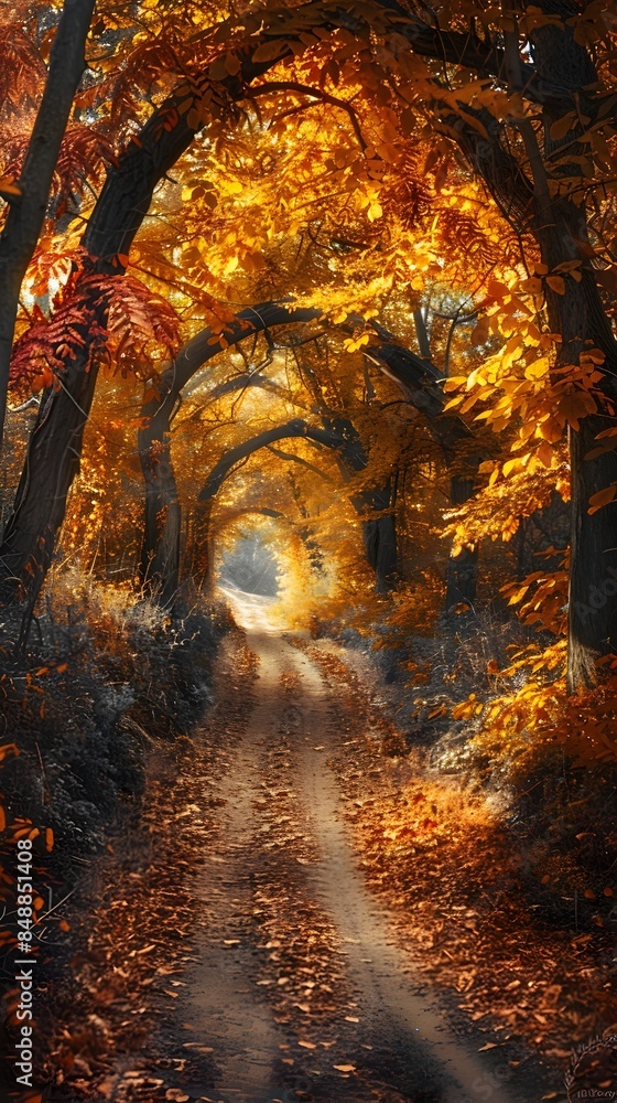 Naklejka premium Enchanting Autumn Pathway in Tranquil Forest Landscape