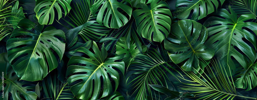 Green leaves of tropical plants and ferns, abstract nature background. Flat lay style with large monstera leaves and foliage in dark green colors. Green leaves of tropical plants and ferns, abstract nature background. Flat lay style with large monstera leaves and foliage in dark green colors.