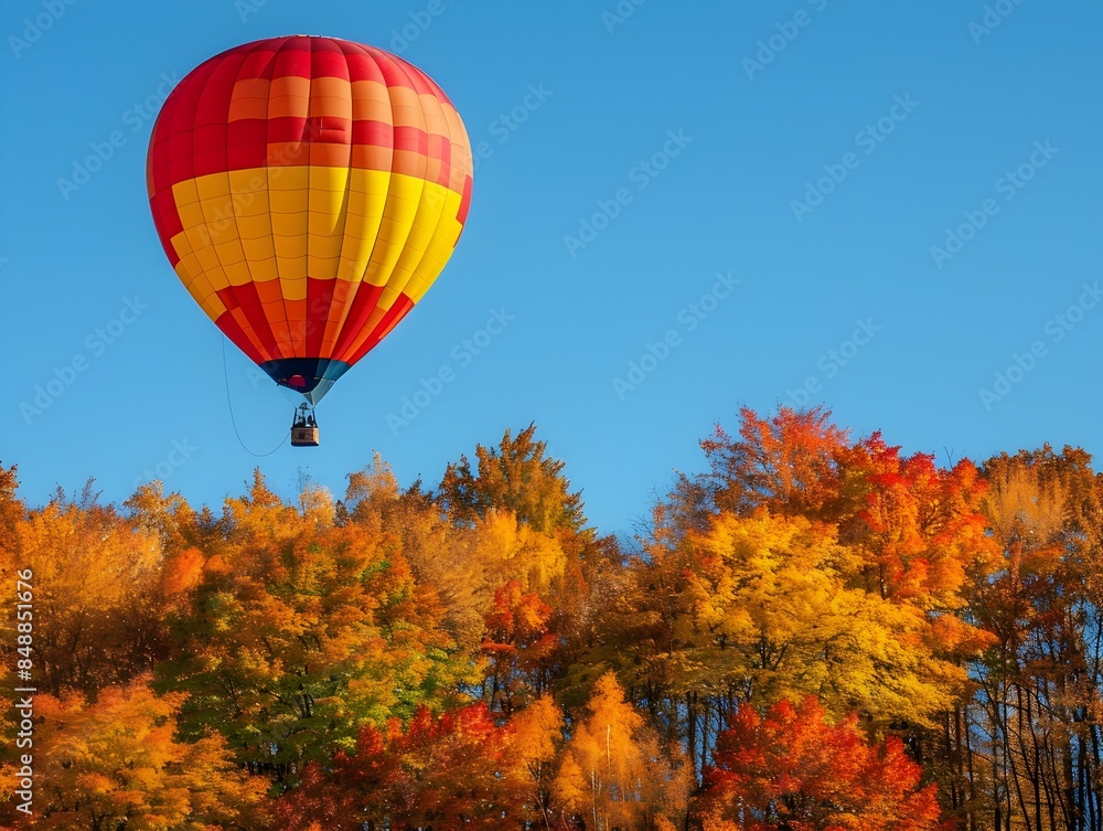 Fototapeta premium Hot Air Balloon Floating Over Vibrant Autumn Forest Landscape With Clear Blue Sky