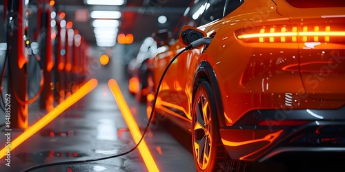 Closeup photo of electric car charging in underground station with orange light. Concept Electric Vehicles, Sustainable Transportation, Urban Infrastructure, Energy Efficiency