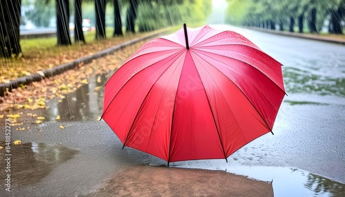 An artistic shot of a bright red umbrella in the rain, standing out against the gray, wet pavement. 4 © SpacePhotos