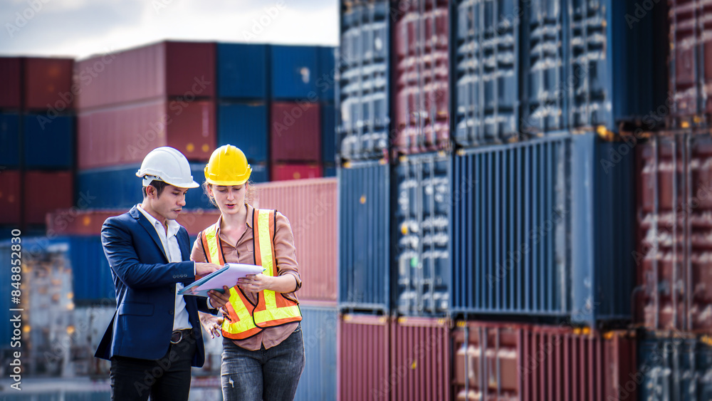 Engineer wearing a hardhat standing cargo at the container yard and check for control loading Containers box from Cargo freight ship for import and export. Teamwork concept Engineer wearing a hardhat standing cargo at the container yard and check for control loading Containers box from Cargo freight ship for import and export. Teamwork concept
