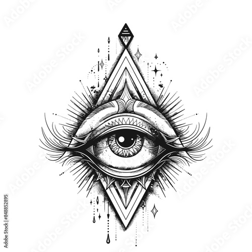 A black and white drawing of an eye with a triangle in the corner. The eye is surrounded by a lot of detail, including eyelashes and a small dot in the center. Scene is mysterious and intriguing