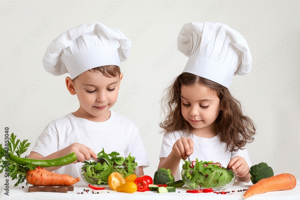 Two young girls in chef hats are cutting vegetables on a table Two young girls in chef hats are cutting vegetables on a table