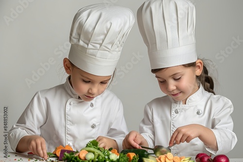 Two young girls in chef hats are cutting vegetables on a table