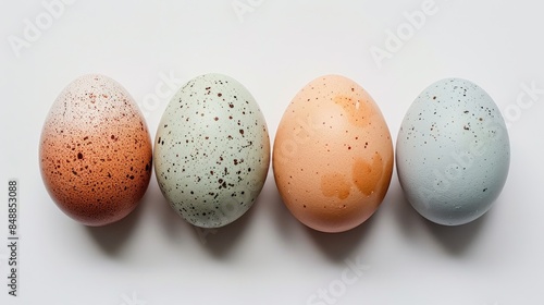 Four eggs arranged diagonally on a white backdrop