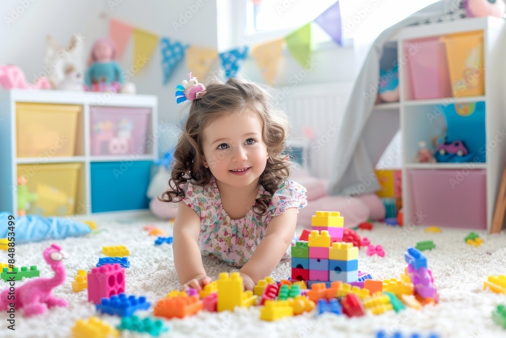 Fototapeta premium A young girl is laying on the floor surrounded by a pile of colorful blocks