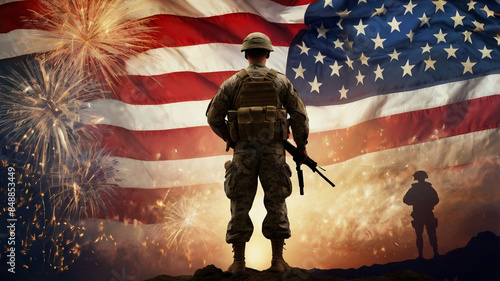 Veterans Day Background with USA Flag, Soldier, and Fireworks, Copy Space for Banner