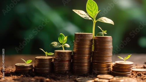 Plant growing from a stack of coin in soil with blurring background. Tree sprout with golden coin scattering around. Represented saving money. Financial growth and investment with copy space. AIG35.