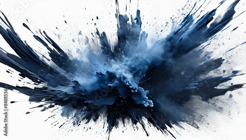 Dark blue dust explosion abstract isolated on white background, cut out photo
