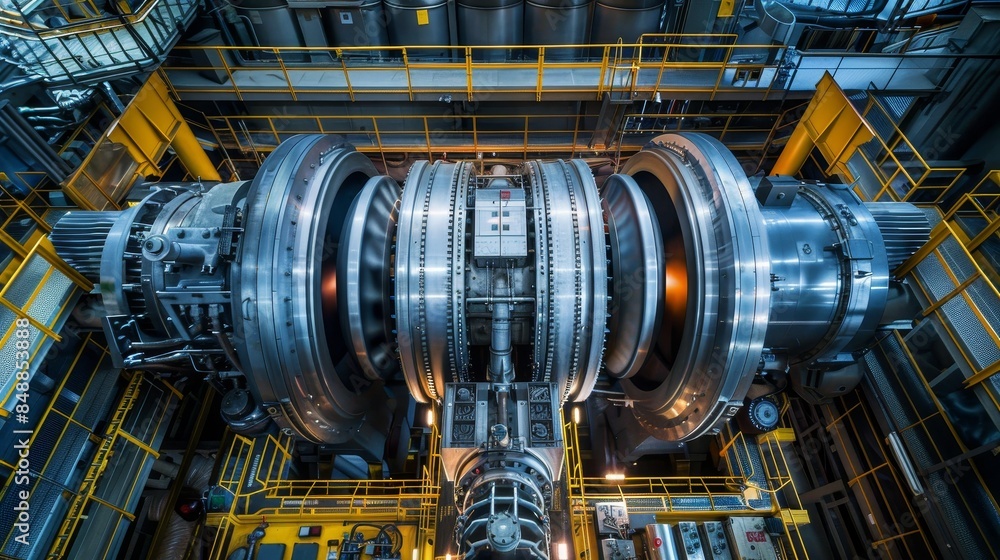 Hydroelectric plants, mechanical systems, top view, demonstrating turbine mechanics, robotic tone, Triadic Color Scheme Hydroelectric plants, mechanical systems, top view, demonstrating turbine mechanics, robotic tone, Triadic Color Scheme