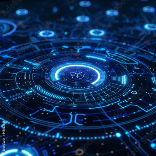 Futuristic digital interface with glowing blue lines forming circular patterns, representing advanced technology and the concept of cyber security in an AI network system. The background is dark