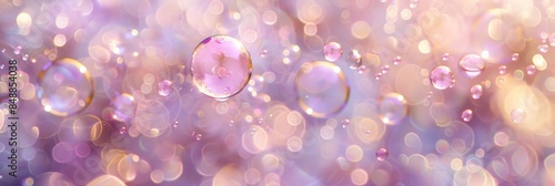 Soft pastel bokeh background with an array of sparkling bubbles in shades of lavender, pink and gold, creating a dreamy atmosphere for festive designs or digital backgrounds. Website banner theme