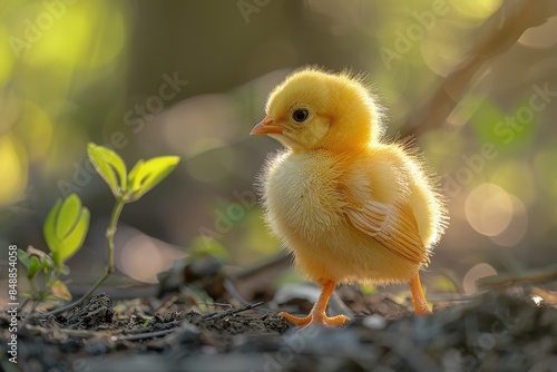 Baby Chick: A fluffy, yellow chick, pecking at the ground in a farmyard. 