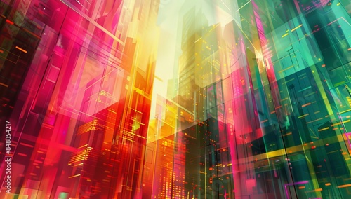 Digital art piece depicting an abstract futuristic cityscape, with vibrant colors and geometric shapes representing skyscrapers, surrounded by light rays and glowing highlights.