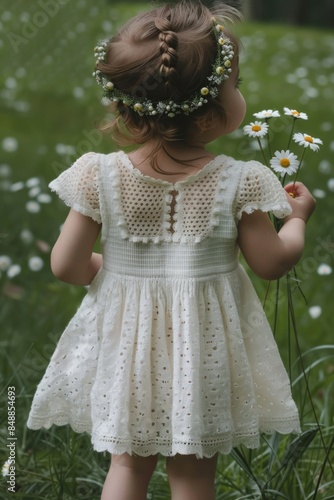 A young girl wearing a white dress and holding a daisy