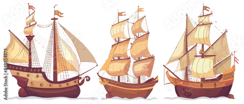 Wooden ships with wooden masts and sails. Cartoon sailing ship, wind sail boat pirate frigate warship longboat simple schooner nave, traditional ancient sailboat sea galleon, unique modern