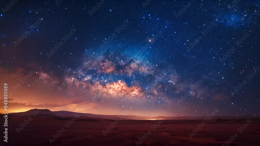 A sweeping vista of the Milky Way galaxy against a nighttime desert backdrop A sweeping vista of the Milky Way galaxy against a nighttime desert backdrop