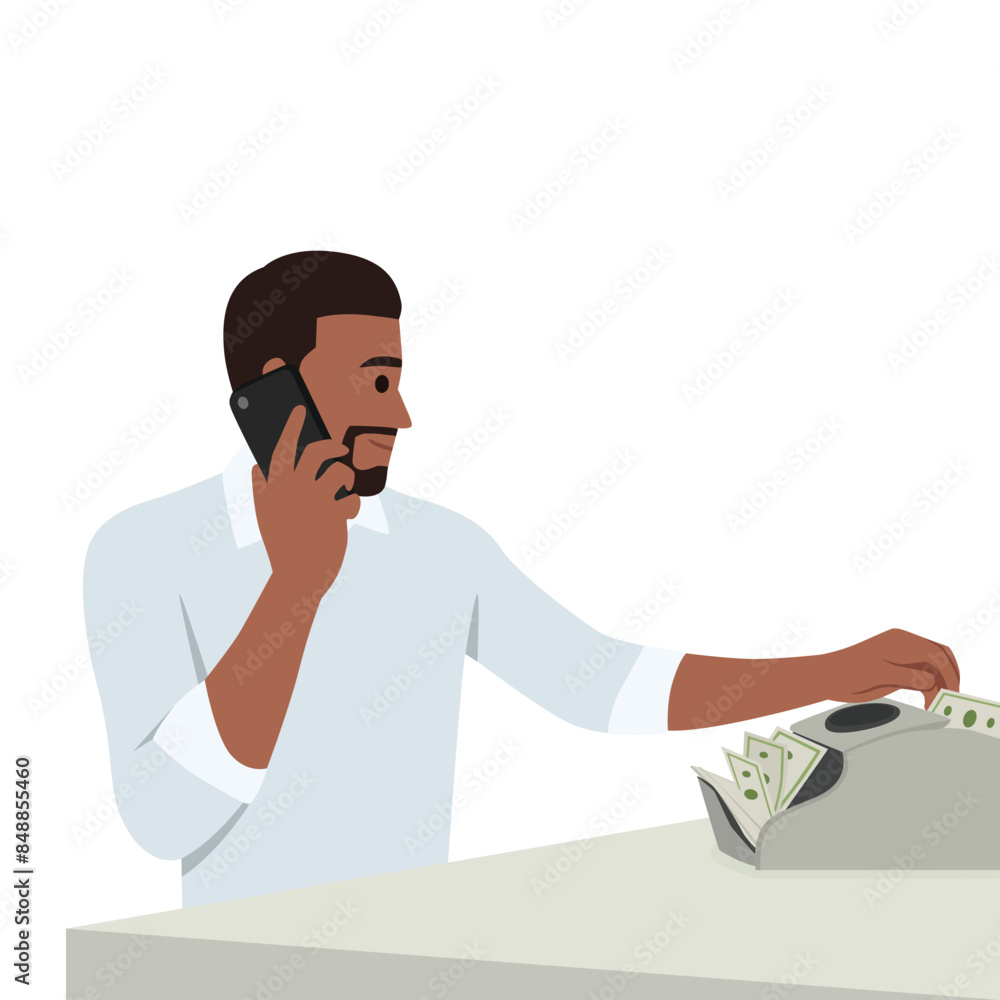 Young bearded man using banknote counter and talking on phone with client. Flat vector illustration isolated on white background Young bearded man using banknote counter and talking on phone with client. Flat vector illustration isolated on white background