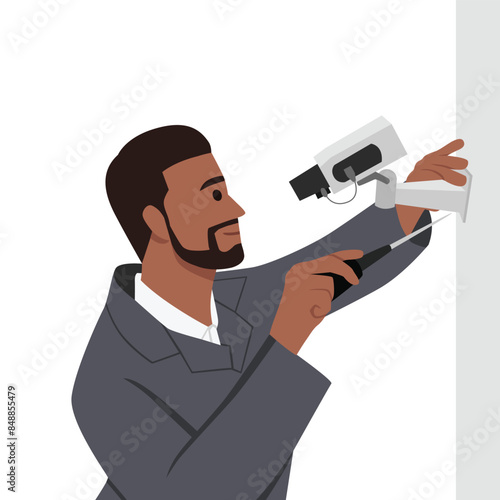 Worker installs a camera on the street CCTV Installation Wizard. Flat vector illustration isolated on white background