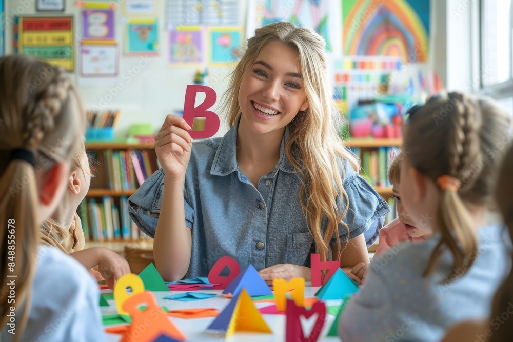 Fototapeta premium A woman is holding up a letter B and smiling