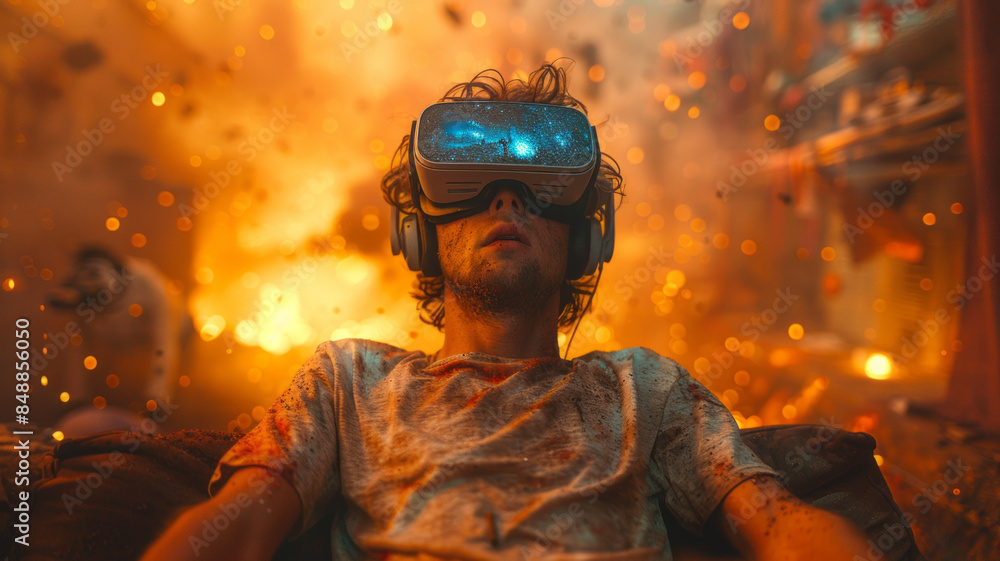 a man is sitting on a couch wearing VR headset. The man is in an apartment. The apartment is morphing into a sci-fi movie.generattive ai a man is sitting on a couch wearing VR headset. The man is in an apartment. The apartment is morphing into a sci-fi movie.generattive ai