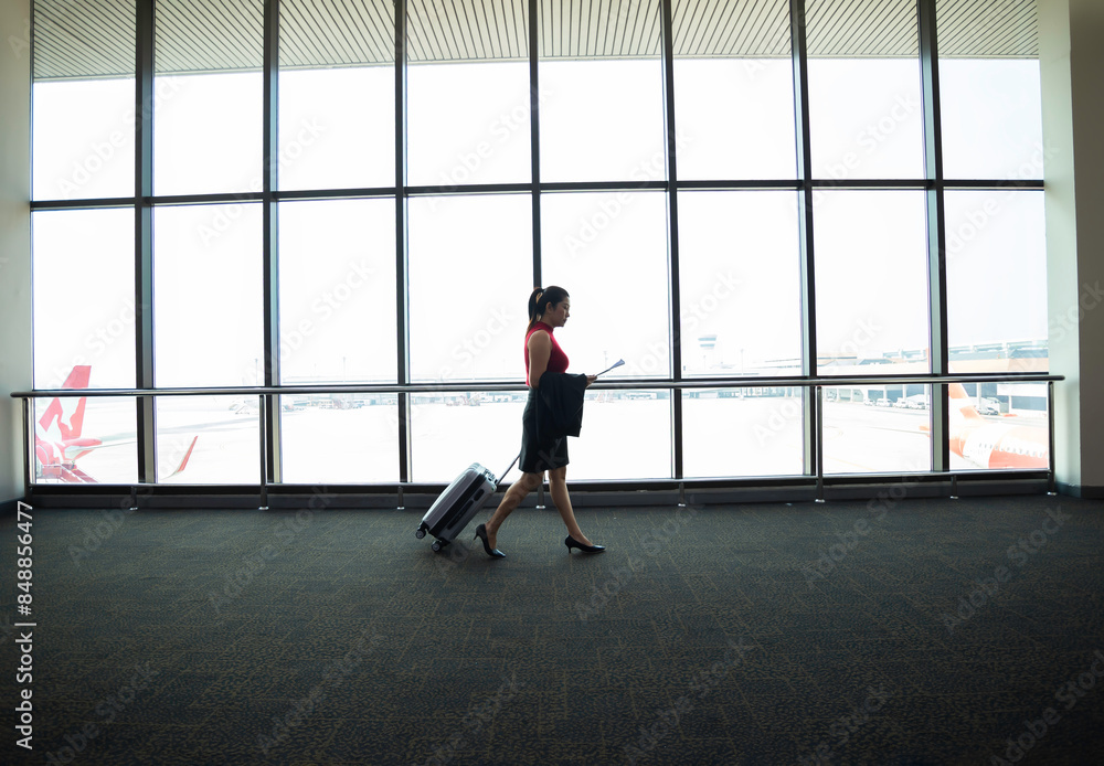 Fototapeta premium Business woman waiting for delayed flight.woman at the airport. flight delay